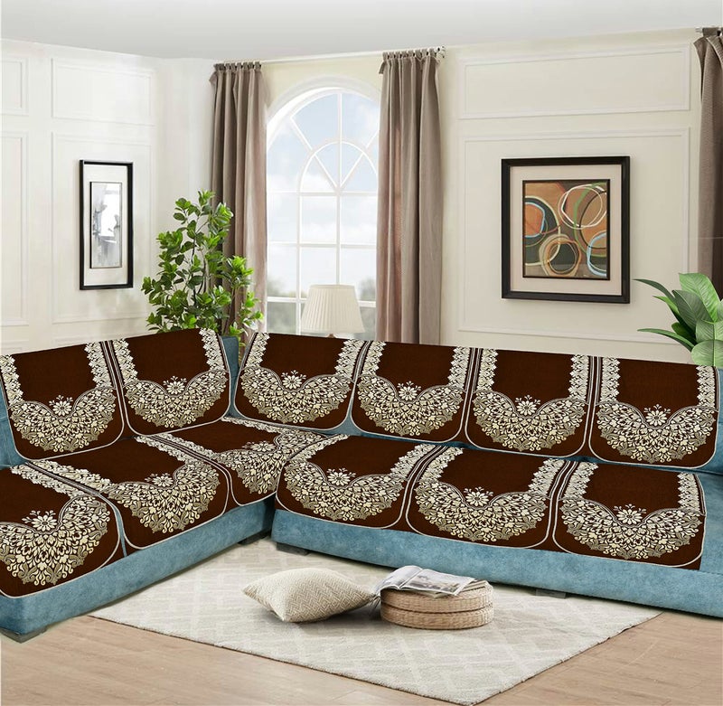 SAWNA HOMES Velvet L Shape Sofa Covers Set - Premium 7 Seater Sofa Slip Protector Covers for Living Room Decor - Heavy Fabric Slip Protector for Long Couch, Coffee Brown - Image 1
