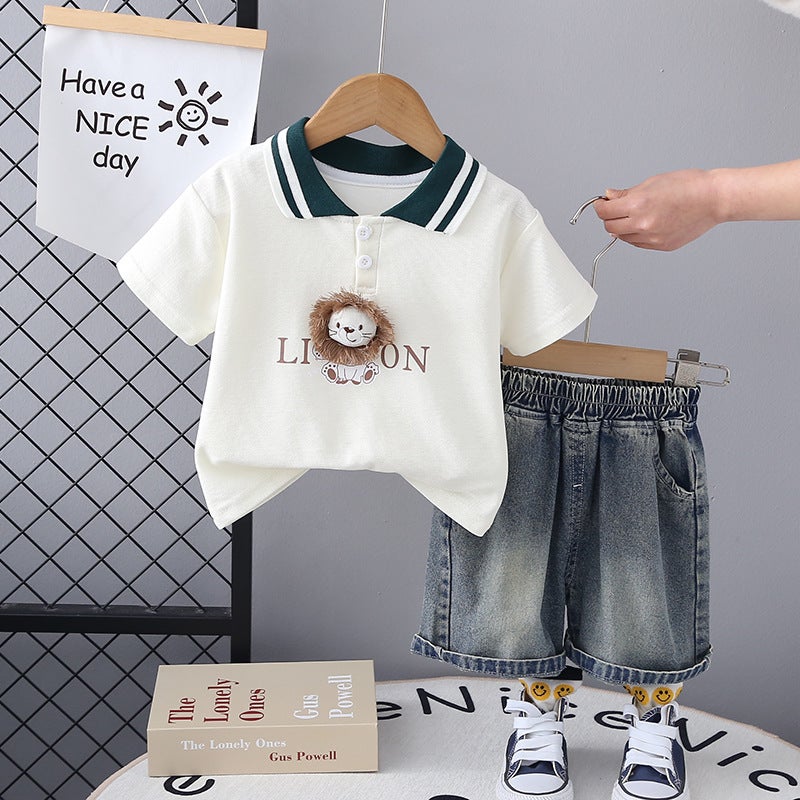 2024 new summer boys lapel lion short sleeve fried salt sand wash shorts two-piece set factory wholesale White
