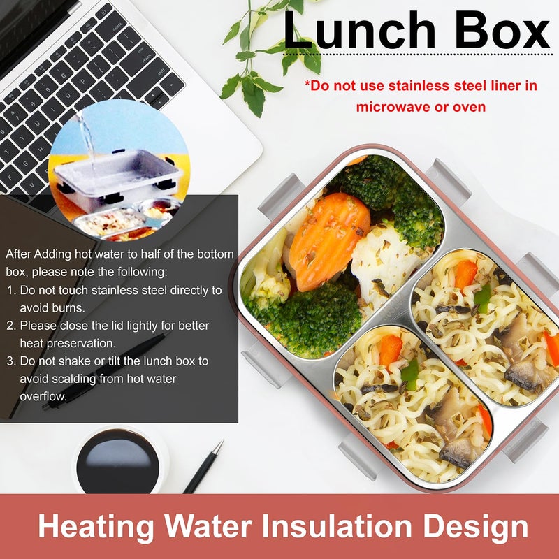 SShop 3Compartment Insulated 750ML Pink Tiffin Box with Cutlery BPAFree MicrowaveSafe Leakproof Airtight Lunch Box - Image 2