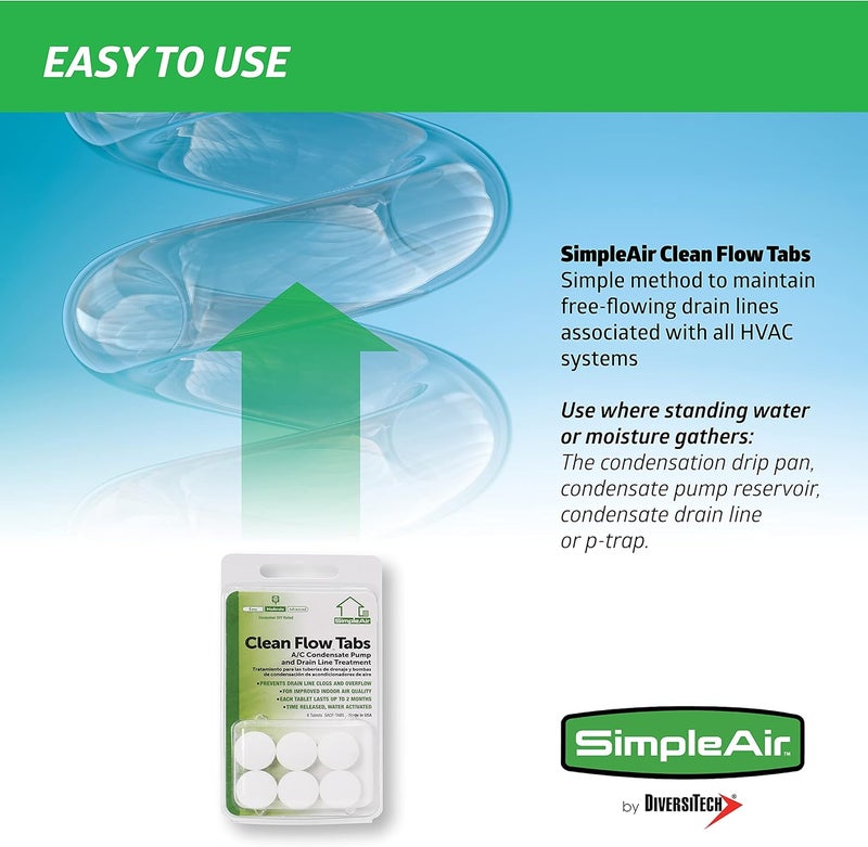 SimpleAir SACF Drain Line Clean Flow Tabs, for AC Units, HVAC Systems, Dehumidifiers, Condensate Drain Line Applications, 6 Count (1 Pack) - Image 2
