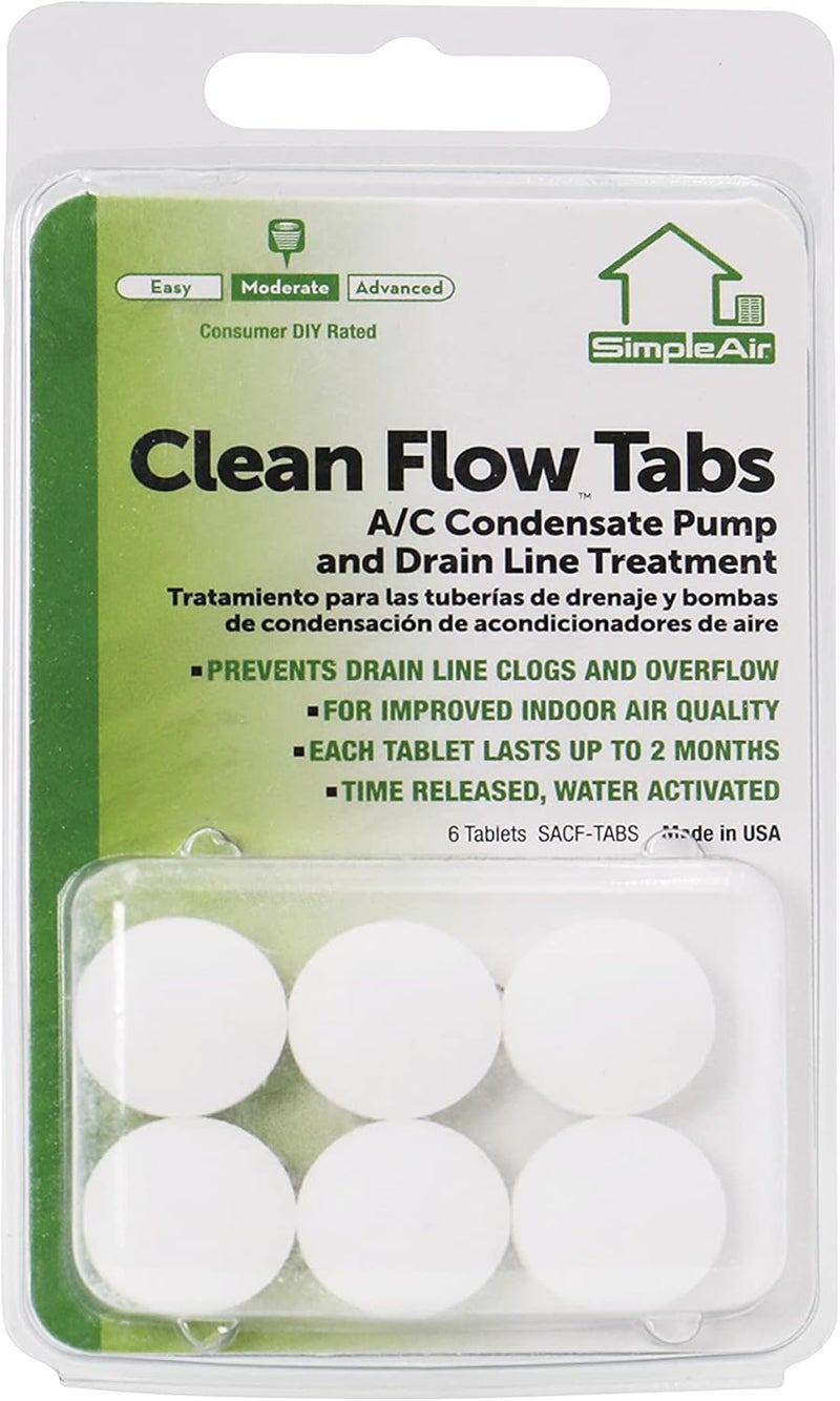 SimpleAir SACF Drain Line Clean Flow Tabs, for AC Units, HVAC Systems, Dehumidifiers, Condensate Drain Line Applications, 6 Count (1 Pack) - Image 1