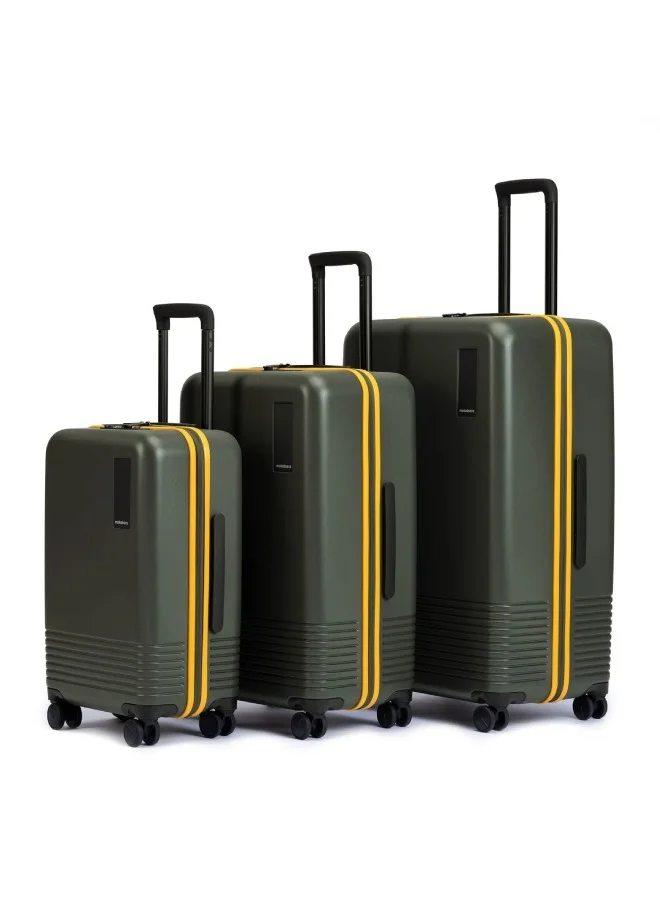 موكوبارا للتجارة ذ.م.م طقم حقائب سفر أيقوني من  قطع، هيكل صلب بولي كربونات، مقاسات  سم، مقصورة صغيرة ومتوسطة وكبيرة، ماكرولون ألماني، لون أخضر مشمس،  عجلات دوارة، ترولي، عجلات هينوموتو