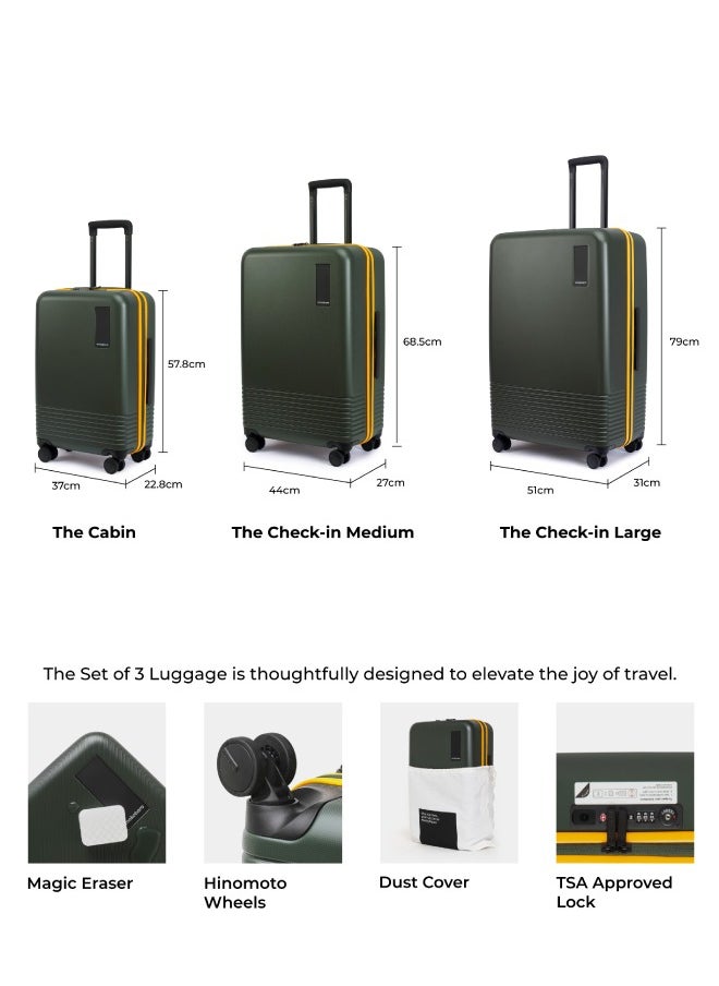Mokobara MOKOBARA Iconic Range The Set of 3 Polycarbonate Hard Shell Luggage 79Cms Cabin, Small Medium & Large Size German Makrolon Green, 8 Spinner Wheels Suitcase Trolley, Hinomoto Wheels (Forest Sunray)  - Image 5