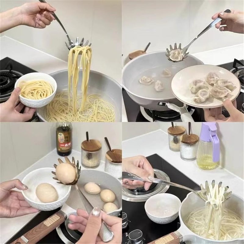 shenghang Spaghetti Server Pasta Fork Noodle Serving Spoon Drains Serves Set 98inch Stainless Steel Comfortable Grip Design Spaghetti Server for Kitchen  - Image 5