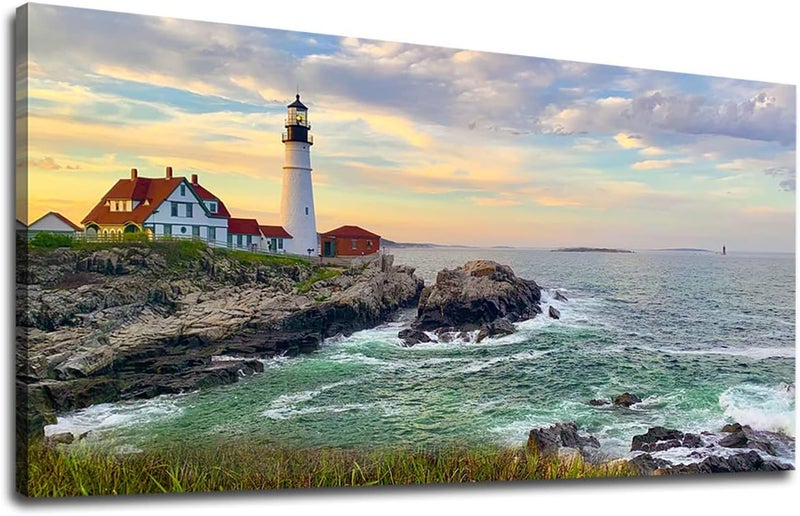 tigeridge Sunset Lighthouse Canvas Wall Art for Living Room Wall Decor Sunset Seascape Canvas Pictures Ocean Canvas Prints Artwork Office Home Wall Decorations Framed Ready to Hang 24" x 48" - Image 1