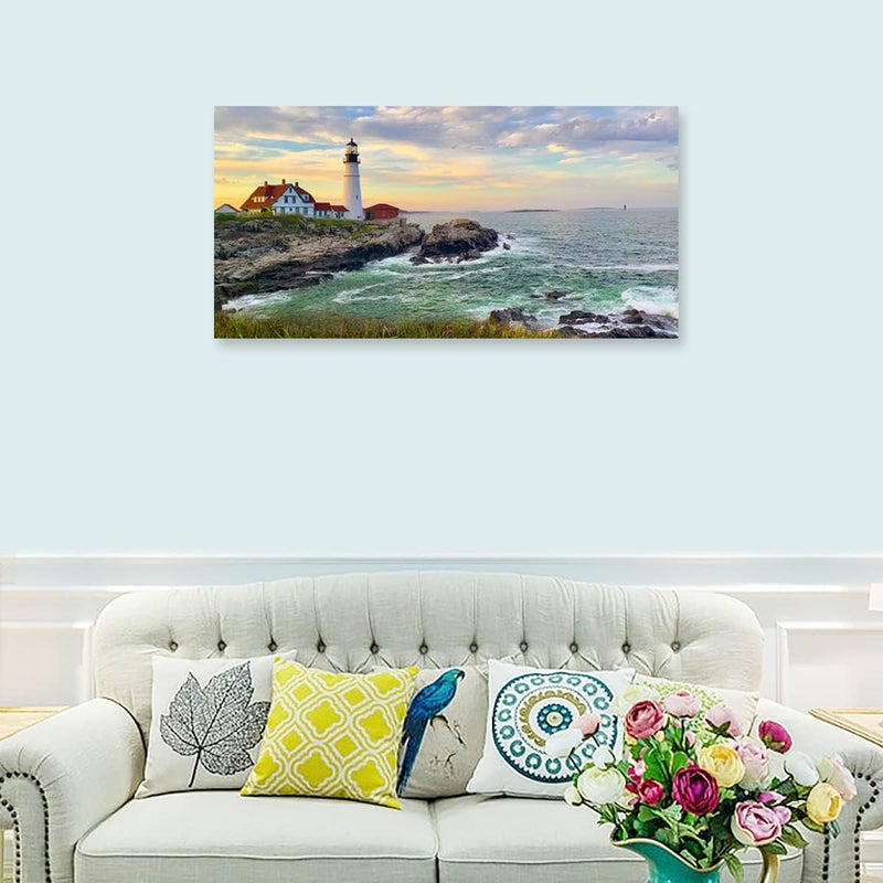 tigeridge Sunset Lighthouse Canvas Wall Art for Living Room Wall Decor Sunset Seascape Canvas Pictures Ocean Canvas Prints Artwork Office Home Wall Decorations Framed Ready to Hang 24" x 48" - Image 2