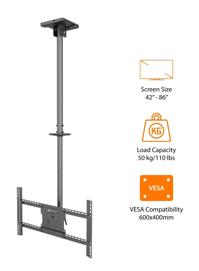 BEETEC Double Pole Ceiling TV Mount for 42"-86" TVs – Adjustable Height (860-3130mm), 50kg Capacity, Tilt & Rotate – Black (TF-CM300) - Image 2