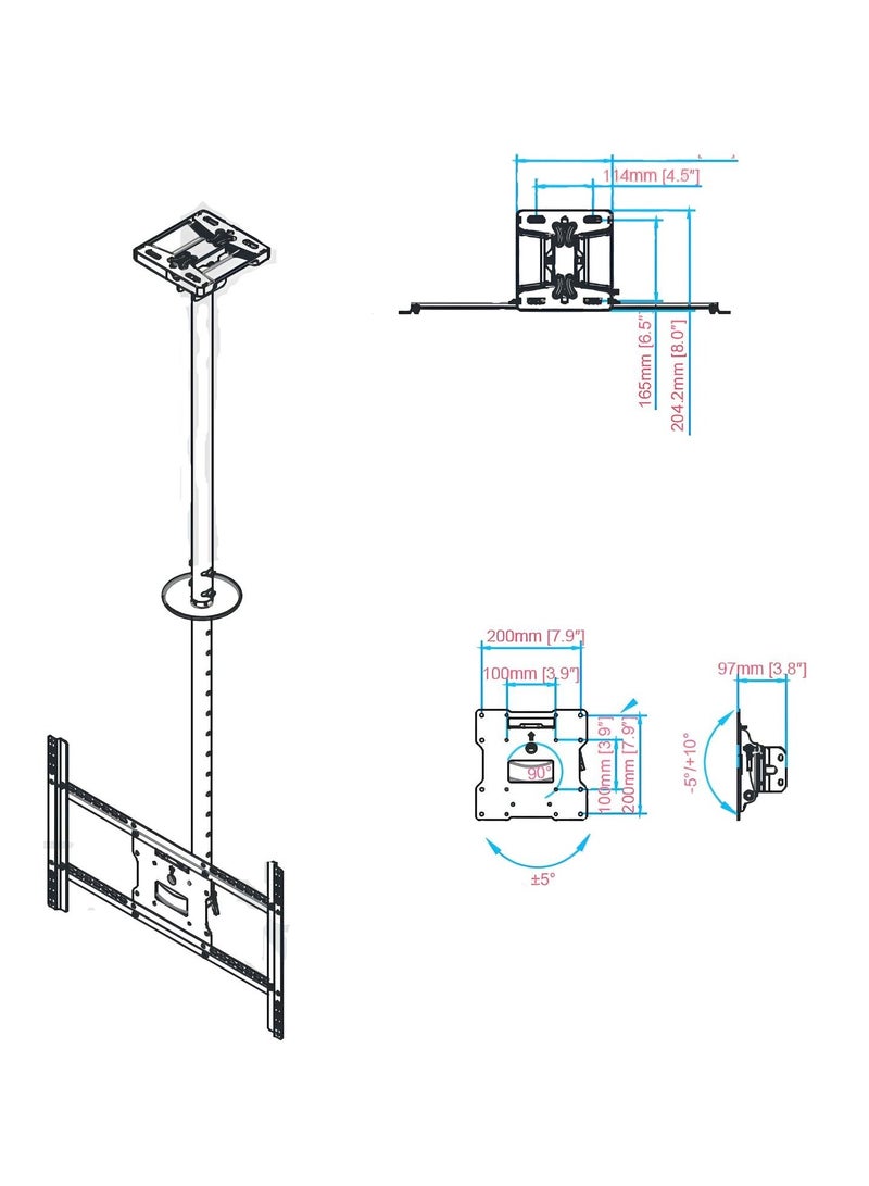BEETEC Double Pole Ceiling TV Mount for 42"-86" TVs – Adjustable Height (860-3130mm), 50kg Capacity, Tilt & Rotate – Black (TF-CM300) - Image 3