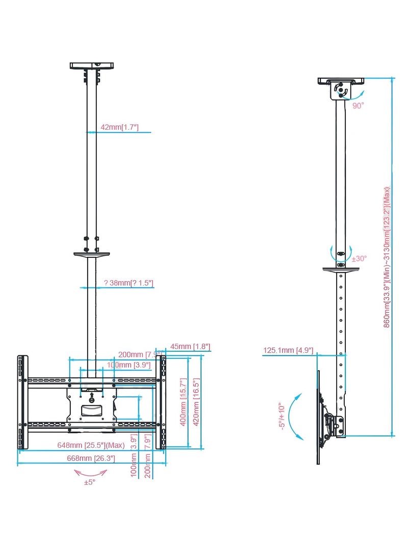 BEETEC Double Pole Ceiling TV Mount for 42"-86" TVs – Adjustable Height (860-3130mm), 50kg Capacity, Tilt & Rotate – Black (TF-CM300) - Image 4