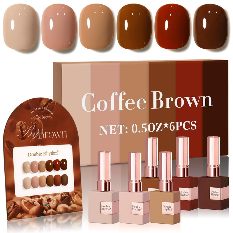 Double Rhythm 6 Pcs 15 ML Gel Polish Set Same Color Same Bottle Soak Off Gel Polish Kit Nail Art Manicure Salon DIY at Home for Women (Coffee Brown Nude Red Beige Pink-T6-5) - Image 1