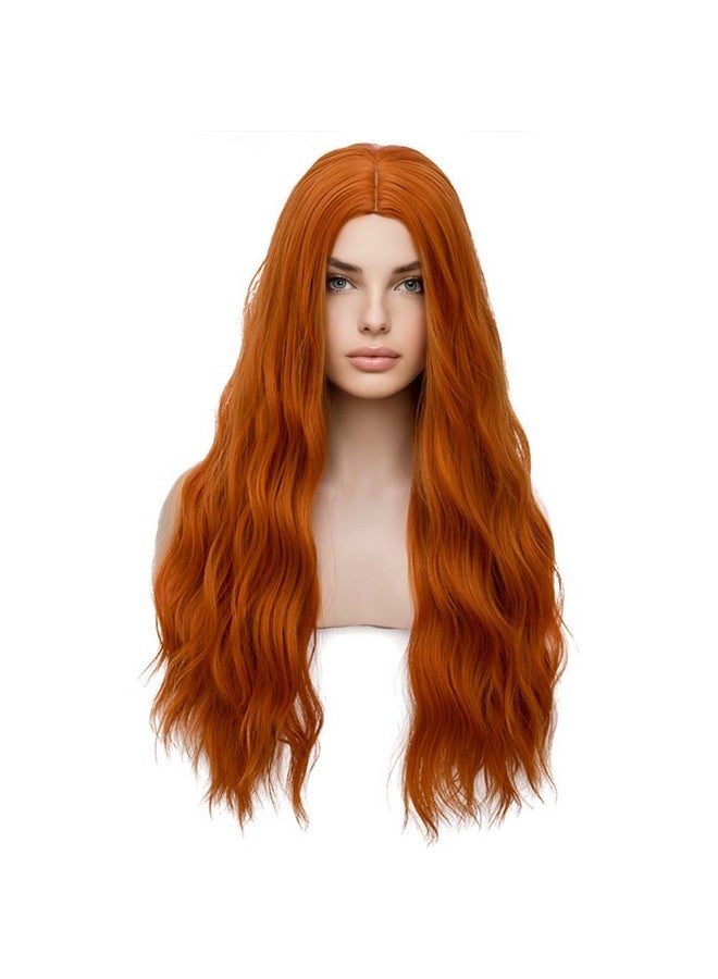 BERON باروكة طويلة مموجة للنساء باروكة مجعدة مقاومة للحرارة مصنوعة من شعر صناعي للاستخدام اليومي مع غطاء باروكة (برتقالي) - Image 3