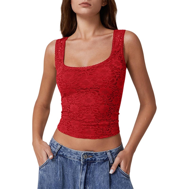 Women's Lace Trim Square Neck Sleeveless Vest, Cropped, Slim Fit - Image 2