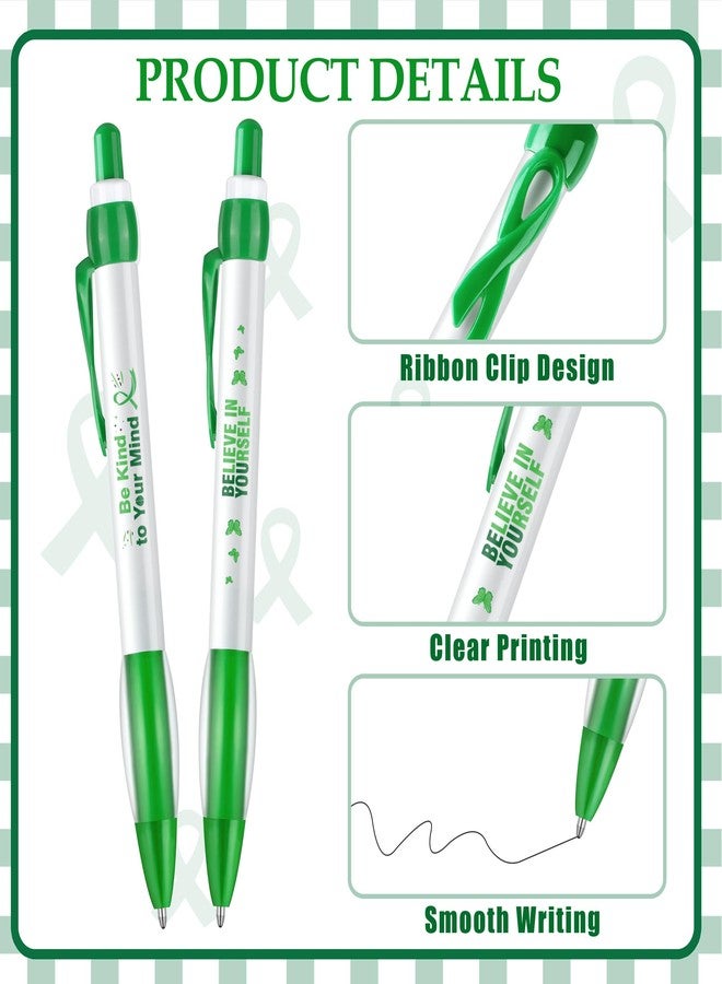 Aodaer 48 Pieces Mental Health Awareness Ballpoint Pens 6 Style Green Ribbon Retractable Gel Pens with Soft Grip Mental Health Black Ink Motivational Pens for Mental Health Charity Office Favor Gifts - Image 3