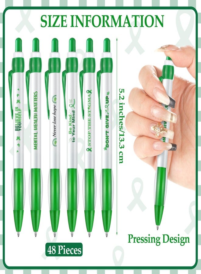 Aodaer 48 Pieces Mental Health Awareness Ballpoint Pens 6 Style Green Ribbon Retractable Gel Pens with Soft Grip Mental Health Black Ink Motivational Pens for Mental Health Charity Office Favor Gifts - Image 2