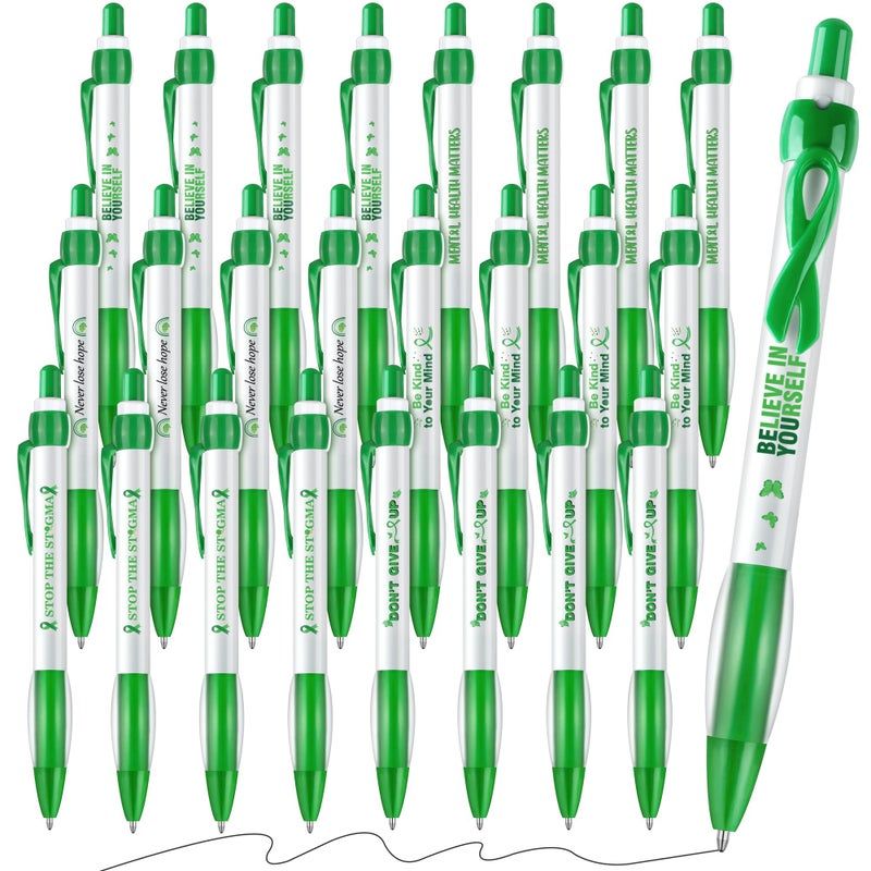Aodaer 48 Pieces Mental Health Awareness Ballpoint Pens 6 Style Green Ribbon Retractable Gel Pens with Soft Grip Mental Health Black Ink Motivational Pens for Mental Health Charity Office Favor Gifts - Image 1