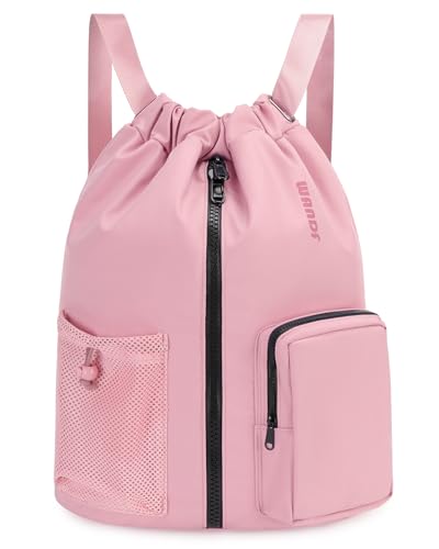 WANDF Drawstring Backpack Sports Gym Bag with Shoes Compartment WaterResistant String Beach Sackpack Swim Bag for Women and Men Pink - Image 1