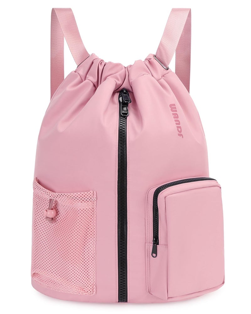 WANDF Drawstring Backpack Sports Gym Bag with Shoes Compartment WaterResistant String Beach Sackpack Swim Bag for Women and Men Pink - Image 2