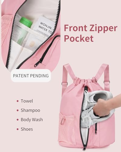 WANDF Drawstring Backpack Sports Gym Bag with Shoes Compartment WaterResistant String Beach Sackpack Swim Bag for Women and Men Pink - Image 3