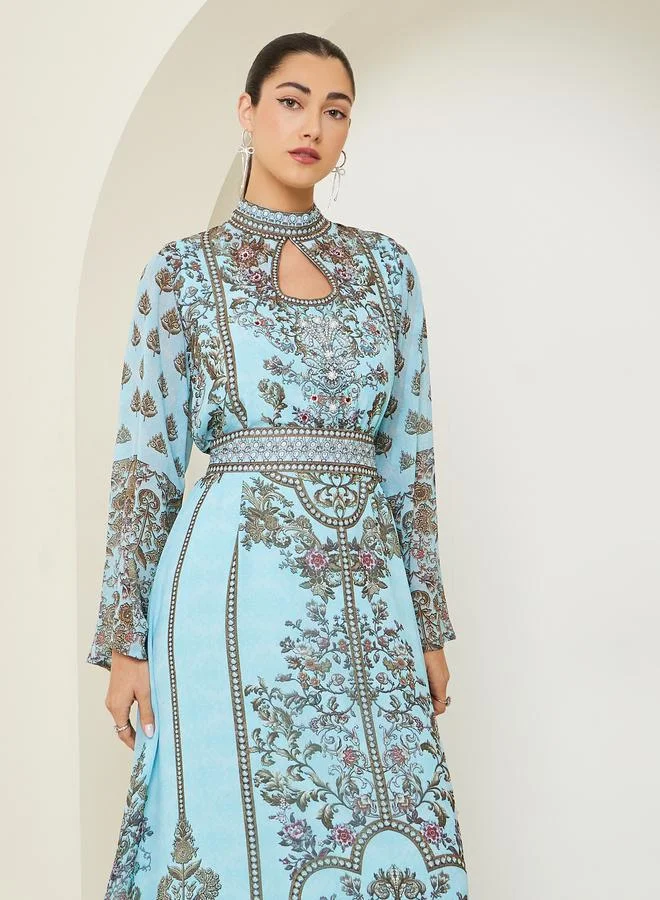 Amirah Blue Printed Belted A-Line Jalabiya