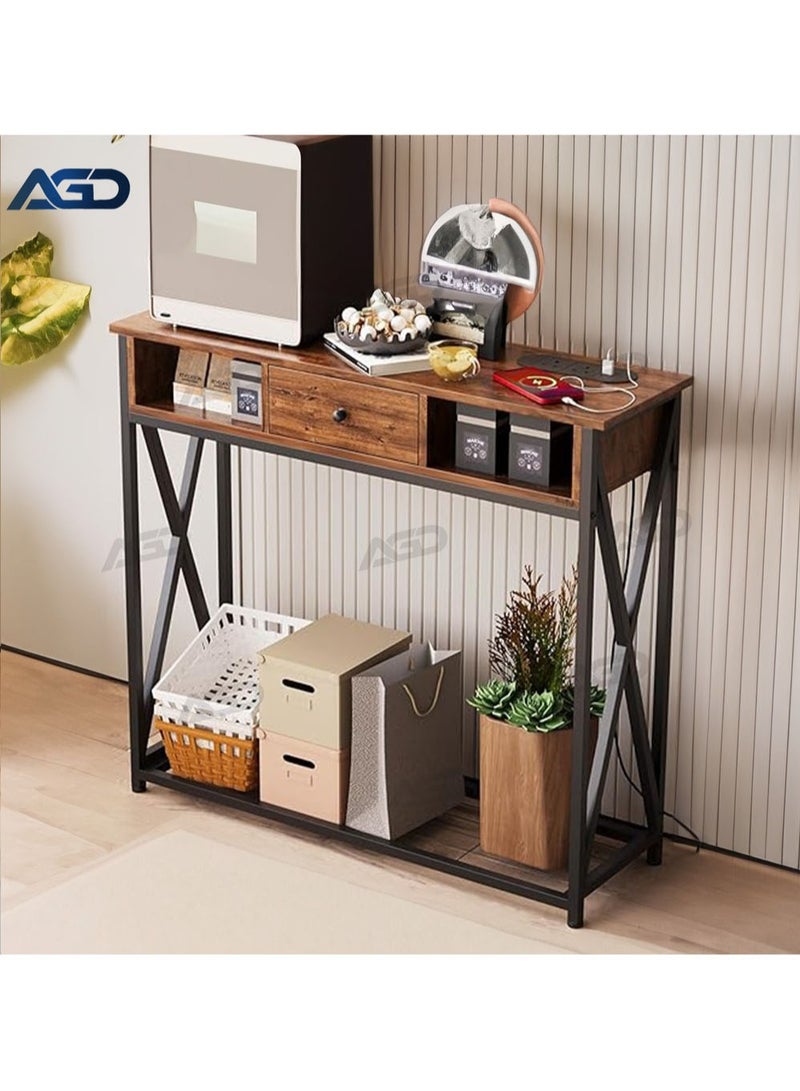 إيه جي دي طاولة جانبية ، طاولة مدخل كونسول مع قاعدة شحن، زاوية قهوة عصرية مع رف تخزين ومنفذ طاقة ، طاولة اريكة للمدخل وغرفة المعيشة ، بني - Image 4