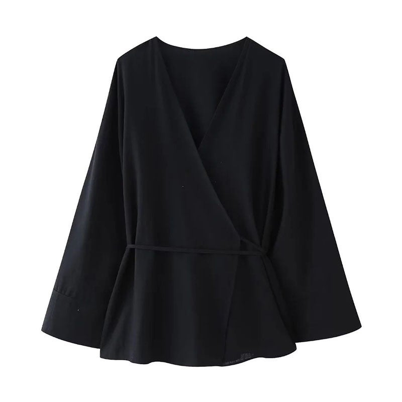 Amazon womens wholesale 2024 new double placket comfortable linen kimono pants suit women Black Top