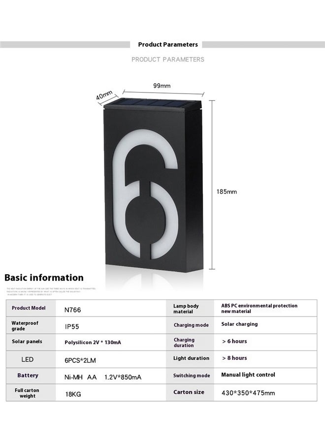 yongsheng Number 6 Designed LED Light Black/White，LED Solar House Number Light doorplate, Garden Yard Building Door Wall Address Numbers lamp Sign Plate Solar Powered, LED Lighted Up Outdoor Plaque for Home House Street (Digital 6)  - Image 2