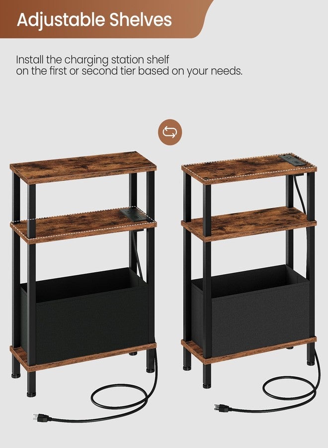 CHOEZON Small Narrow Side Table with Charging Station, Skinny End Table with Fabric Basket, Slim Nightstand for Small Spaces, Sofa Side Table, for Living Room, Bedroom, Rustic Brown and Black TBZ07UBF - Image 4