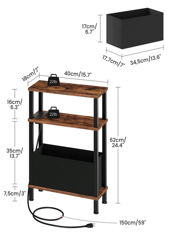 CHOEZON Small Narrow Side Table with Charging Station, Skinny End Table with Fabric Basket, Slim Nightstand for Small Spaces, Sofa Side Table, for Living Room, Bedroom, Rustic Brown and Black TBZ07UBF - Image 2