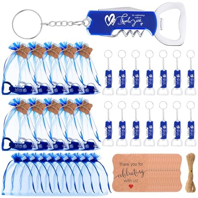 Vesici 24 Set Wedding Favors for Guests Bottle Openers Keychains Bulk Wine Beer Bottle Opener Keychain Thank You Cards with Organza Gift Bags for Bar Party Wedding Graduation Souvenirs(Blue)