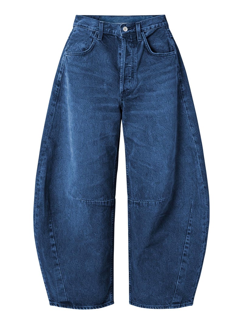 EXLURA Womens Barrel Jeans Wide Leg Y2K Boyfriend Denim Pants Hip Hop Vintage Baggy Jeans Cotton Mid-Low Elastic Waist Pants Dark Blue - Image 1