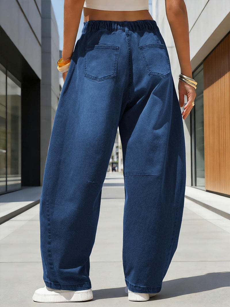 EXLURA Womens Barrel Jeans Wide Leg Y2K Boyfriend Denim Pants Hip Hop Vintage Baggy Jeans Cotton Mid-Low Elastic Waist Pants Dark Blue - Image 3