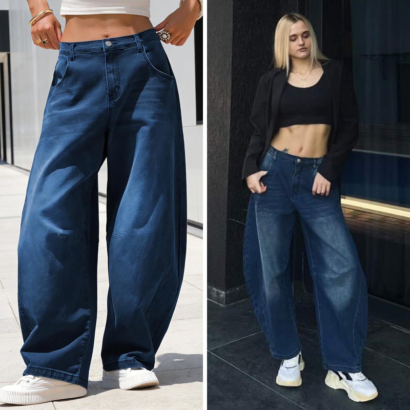EXLURA Womens Barrel Jeans Wide Leg Y2K Boyfriend Denim Pants Hip Hop Vintage Baggy Jeans Cotton Mid-Low Elastic Waist Pants Dark Blue - Image 2