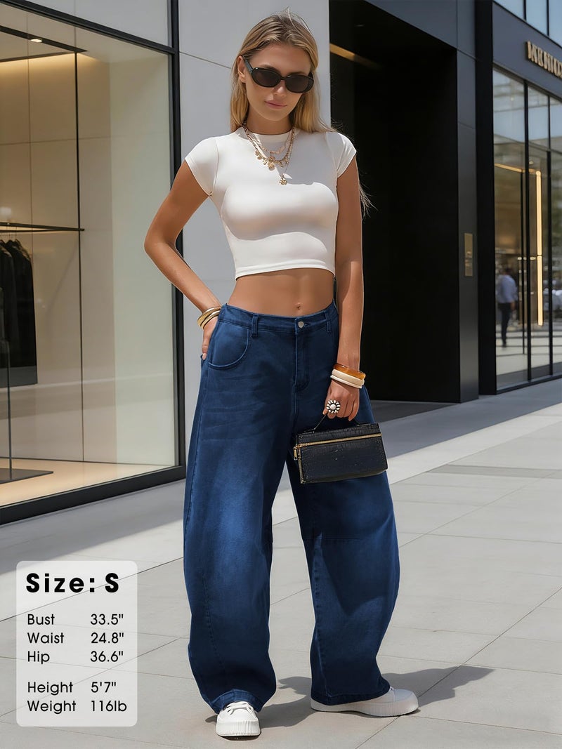EXLURA Womens Barrel Jeans Wide Leg Y2K Boyfriend Denim Pants Hip Hop Vintage Baggy Jeans Cotton Mid-Low Elastic Waist Pants Dark Blue - Image 5