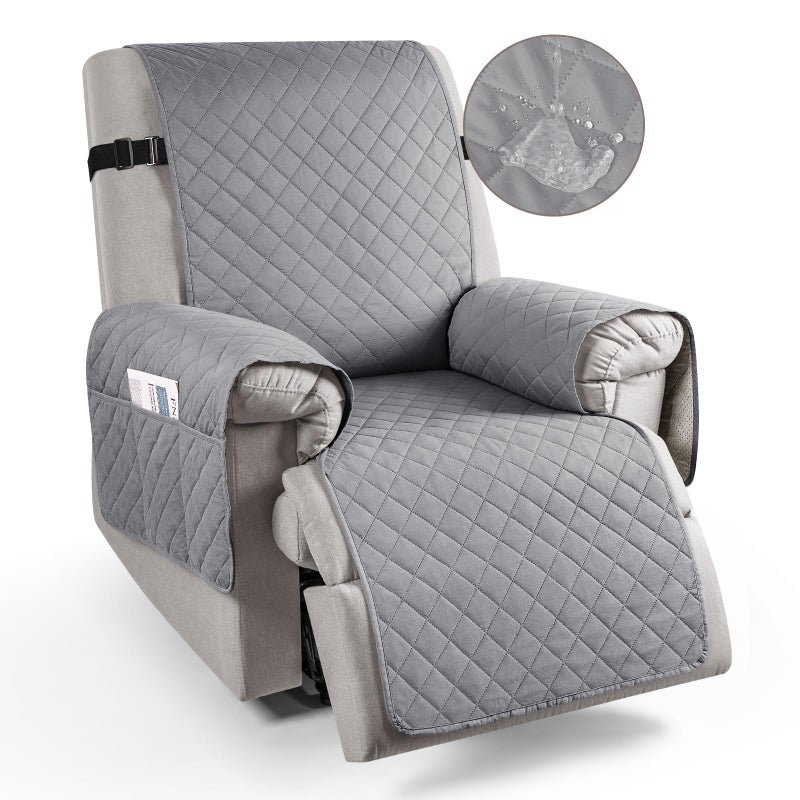 TAOCOCO Recliner Slipcovers100 Waterproof Recliner Chair Covers with PocketsSofa Slipcover for Recliner ChairChair Non Slip Cover for PetsKids with Elastic Strap Grey Triple Nonslip