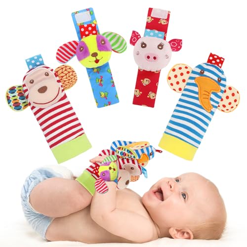 BLOOBLOOMAX Soft Baby Rattle Toys Foot Finder Socks Wrists Rattles Ankle Leg Hand Arm Bracelet Activity Rattle Present Gift for Newborn Infant Babies Boy Girl Bebe 4pcs - Image 1