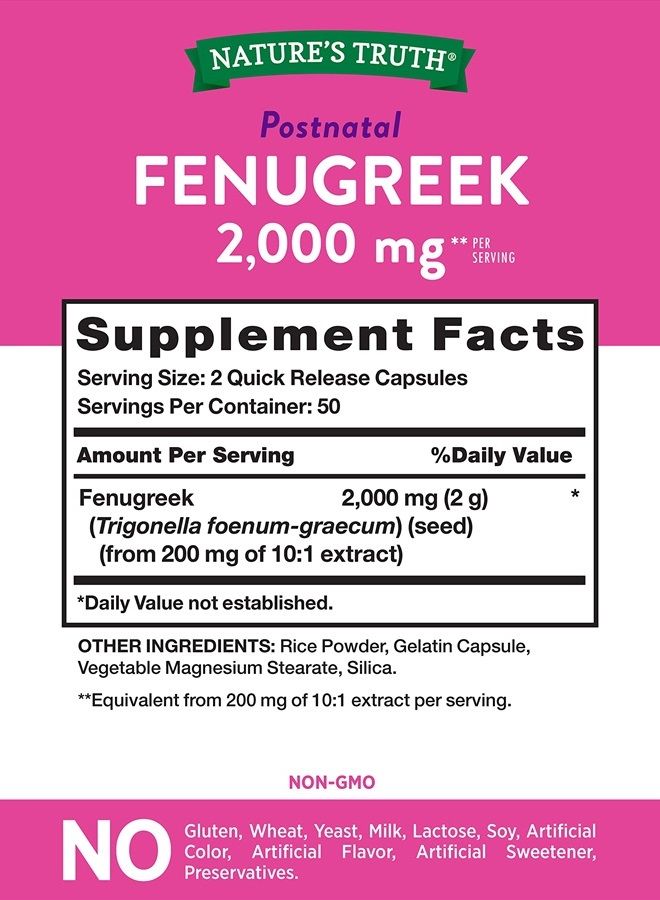 Nature's Truth Fenugreek Seed Capsules | 2000mg | 100 Powder Capsules | Non-GMO and Gluten Free Supplement  - Image 2