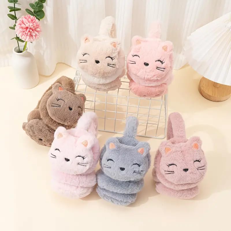 THE DDS STORE Cute Cat Fluffy Ear Muff for Women Plush Foldable Earmuffs Kids Winter Earmuffs Girls Boys Cold Weather Ear Warmer (Beige) - Image 3