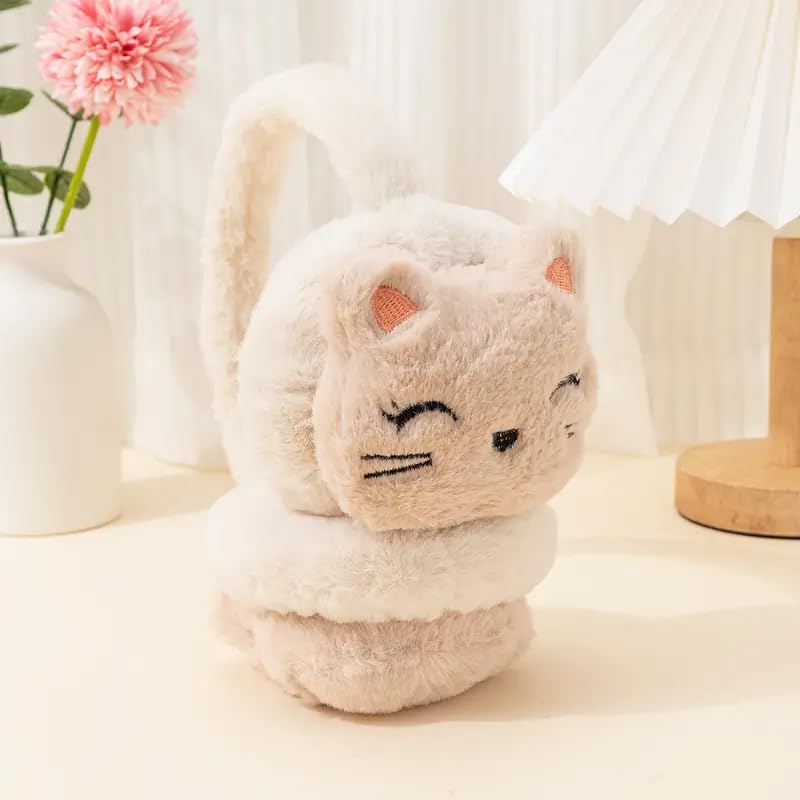 THE DDS STORE Cute Cat Fluffy Ear Muff for Women Plush Foldable Earmuffs Kids Winter Earmuffs Girls Boys Cold Weather Ear Warmer (Beige) - Image 2