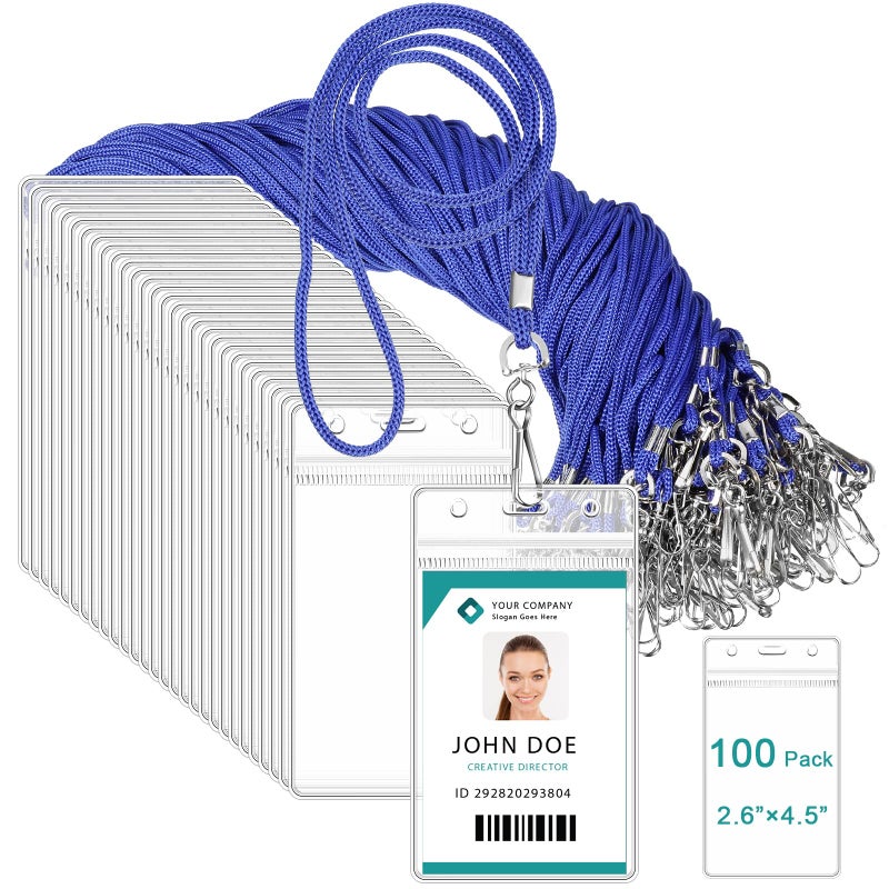 Marspark 100 Pieces Lanyards for ID Badges Name Tag Lanyards Bulk Neck Lanyard Badge Holder for Reel ID Card Name Badge Holder Waterproof Plastic Resealable Card Sleeves Hook CordsRoyal Blue