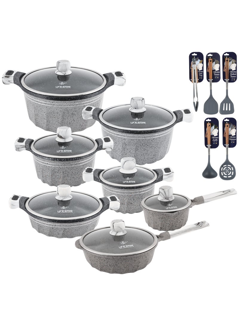 Life Smile Granite Nonstick Cookwares with Glass Lids & Utensils-Cookware Set includes Soup Pots( 32cm, 28cm,24cm, 20cm), 28cm Fry Pan, 28cm Shallow Pots,18cm Saucepan - Image 1