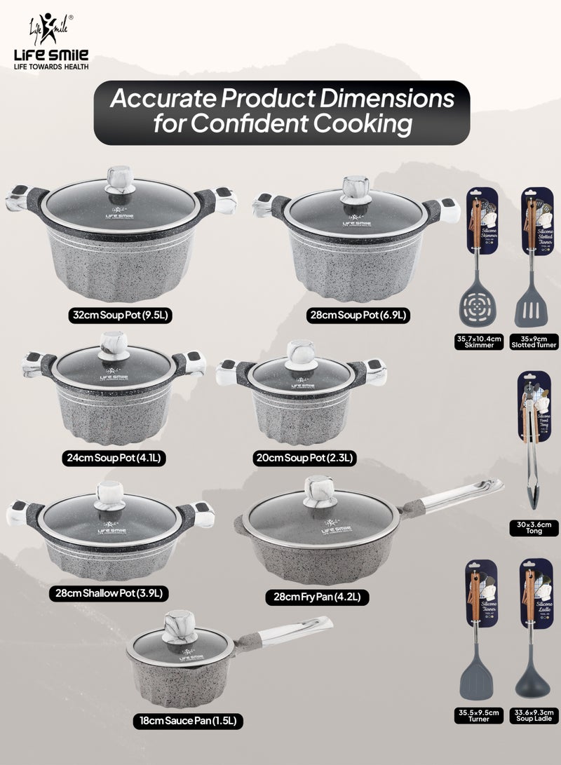 Life Smile Granite Nonstick Cookwares with Glass Lids & Utensils-Cookware Set includes Soup Pots( 32cm, 28cm,24cm, 20cm), 28cm Fry Pan, 28cm Shallow Pots,18cm Saucepan - Image 5