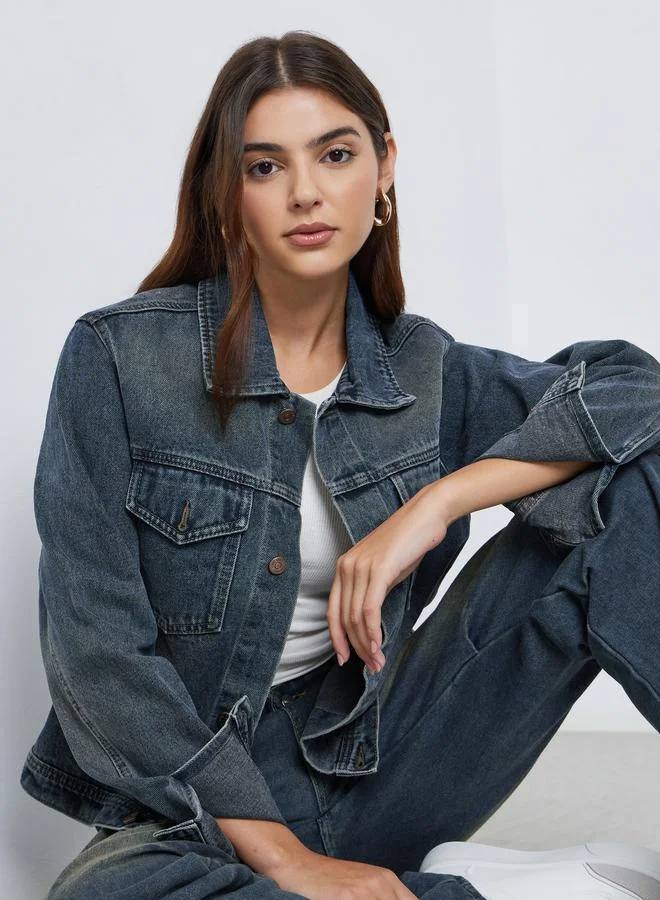 ستايلي جاكيت دنيم بقصة عادية وجيوب