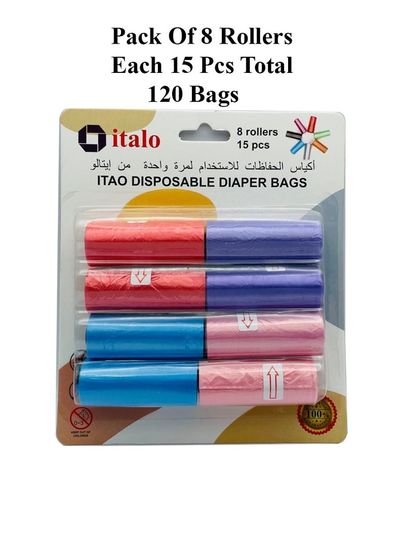 ITALO Pack Of 8 Disposable Diaper Bag Refill Rolls Each Roll 15 Bags Total 120 Bags  - Image 1