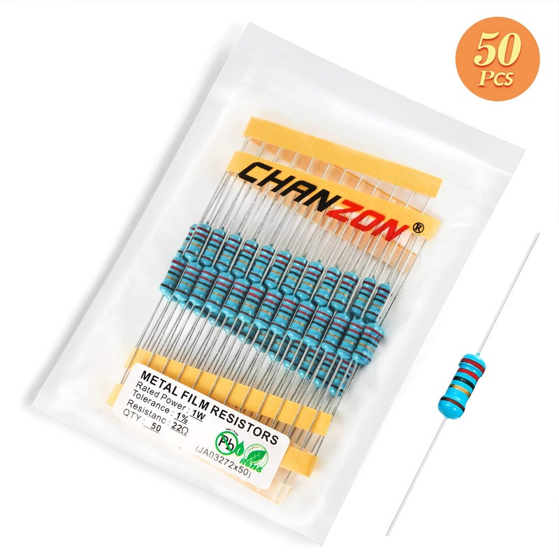 CHANZON 50pcs 1W 22 Ω ohm Metal Film Fixed Resistor 0.01 ±1% Tolerance 22R MF Through Hole Resistors Current Limiting Rohs Certificated - Image 5