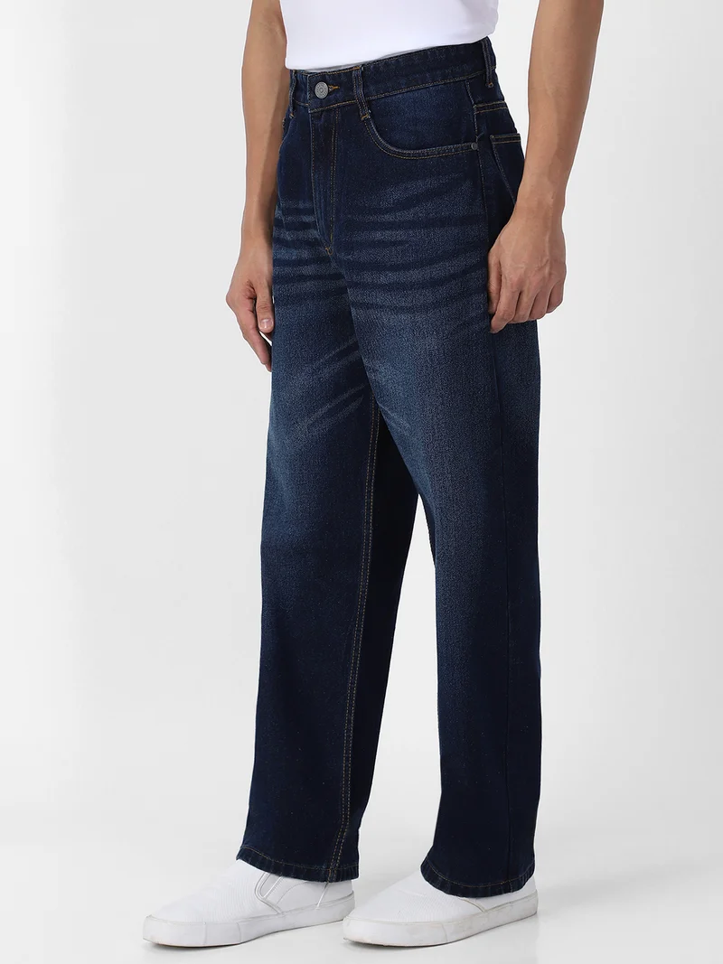 Urbano Fashion Men's Dark Blue Loose Baggy Fit Washed Jeans Non-Stretchable