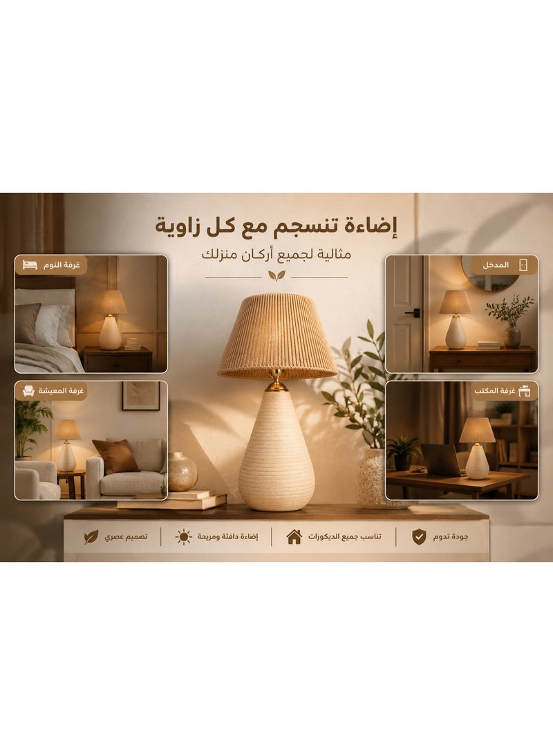 كالدا أباجورة مكتب سيراميك مصنوعة يدوياً من "كالدا دروب" – قاعدة طمي طبيعي 100% مع شابوه خيش ريفي – تصميم مخروطي مضلع – إضاءة دافئة لغرفة النوم وغرفة المعيشة - Image 3