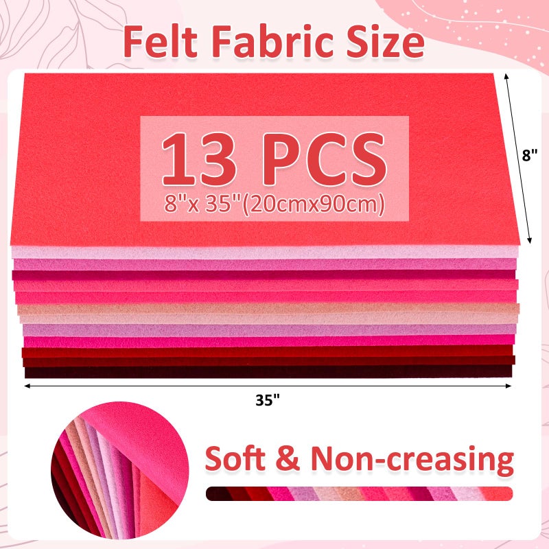 XSEINO 13 Rolls 8"x35" 1.4mm Thick Soft Felt Fabric Sheet 13 Assorted Red Series Colors Felt Pack for DIY Craft Sewing Squares Nonwoven Patchwork - Image 3