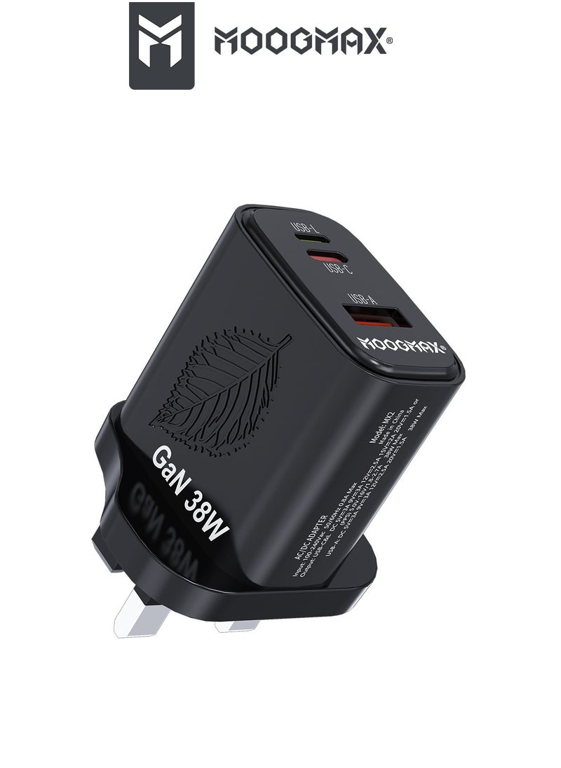 MOOGMAX GaN 38W home wall charger with three ports, a Type-C PD port, a USB QC.3 port, and a Lightning port to preserve the environment, supports fast charging in black from Moogmax  - Image 1