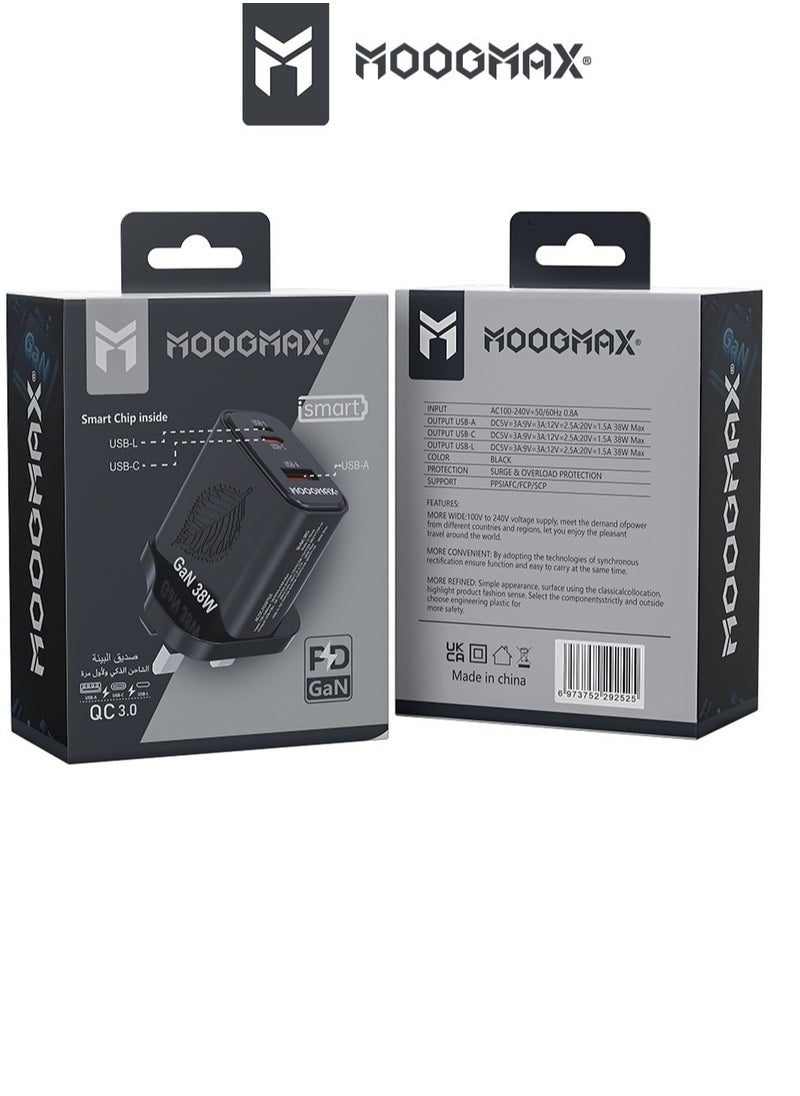 MOOGMAX GaN 38W home wall charger with three ports, a Type-C PD port, a USB QC.3 port, and a Lightning port to preserve the environment, supports fast charging in black from Moogmax  - Image 2
