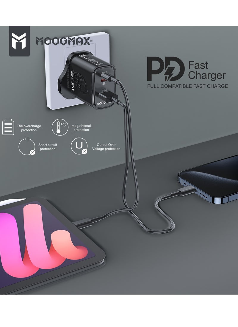 MOOGMAX GaN 38W home wall charger with three ports, a Type-C PD port, a USB QC.3 port, and a Lightning port to preserve the environment, supports fast charging in black from Moogmax  - Image 3